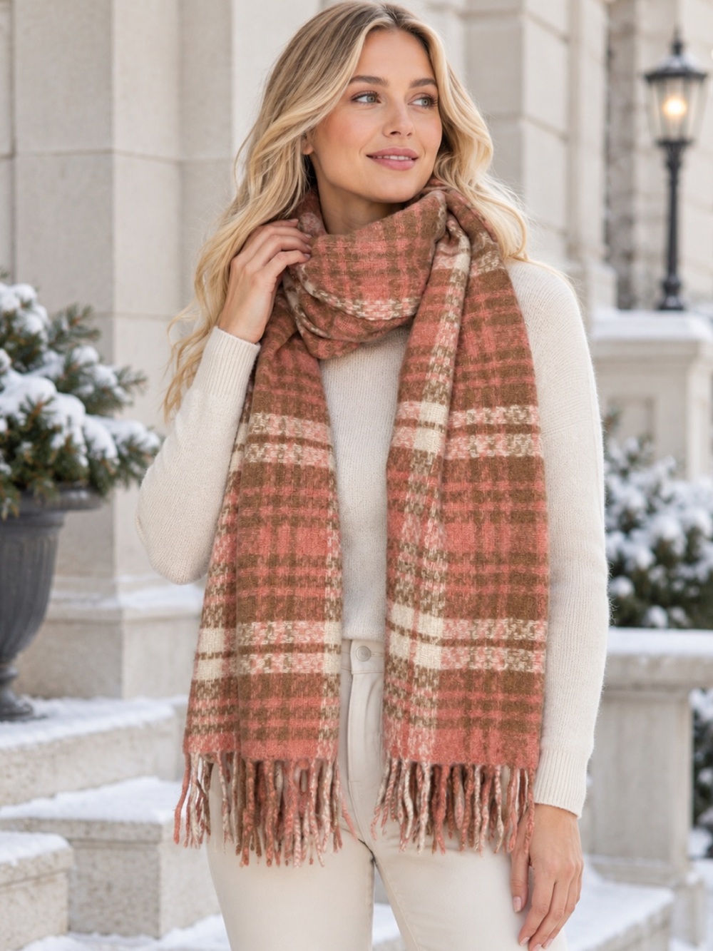 Beautiful Plaid Fringe Wrap Scarf in Pink crème and Tan by Saki❤️72x24